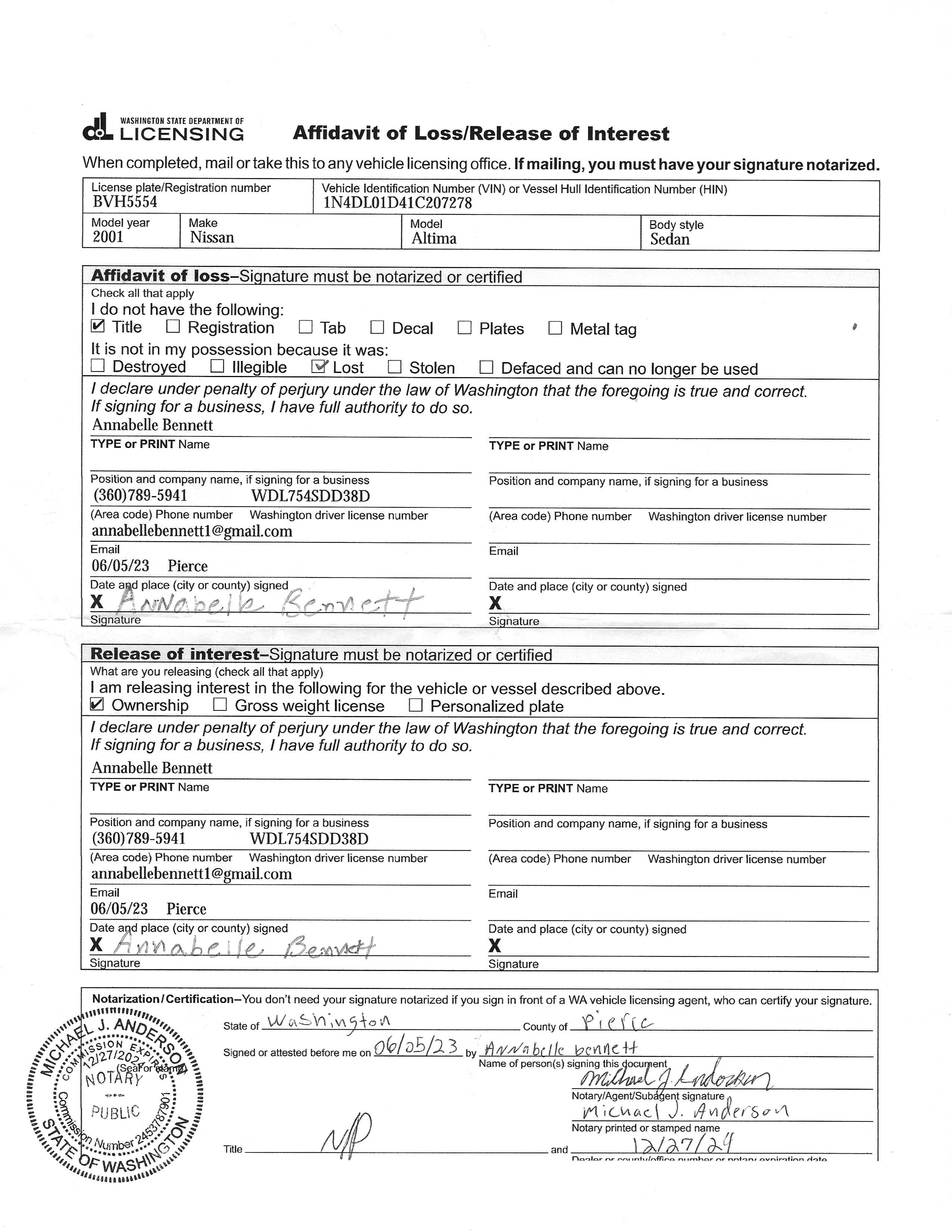 Nissan Altima Affidavit of Loss