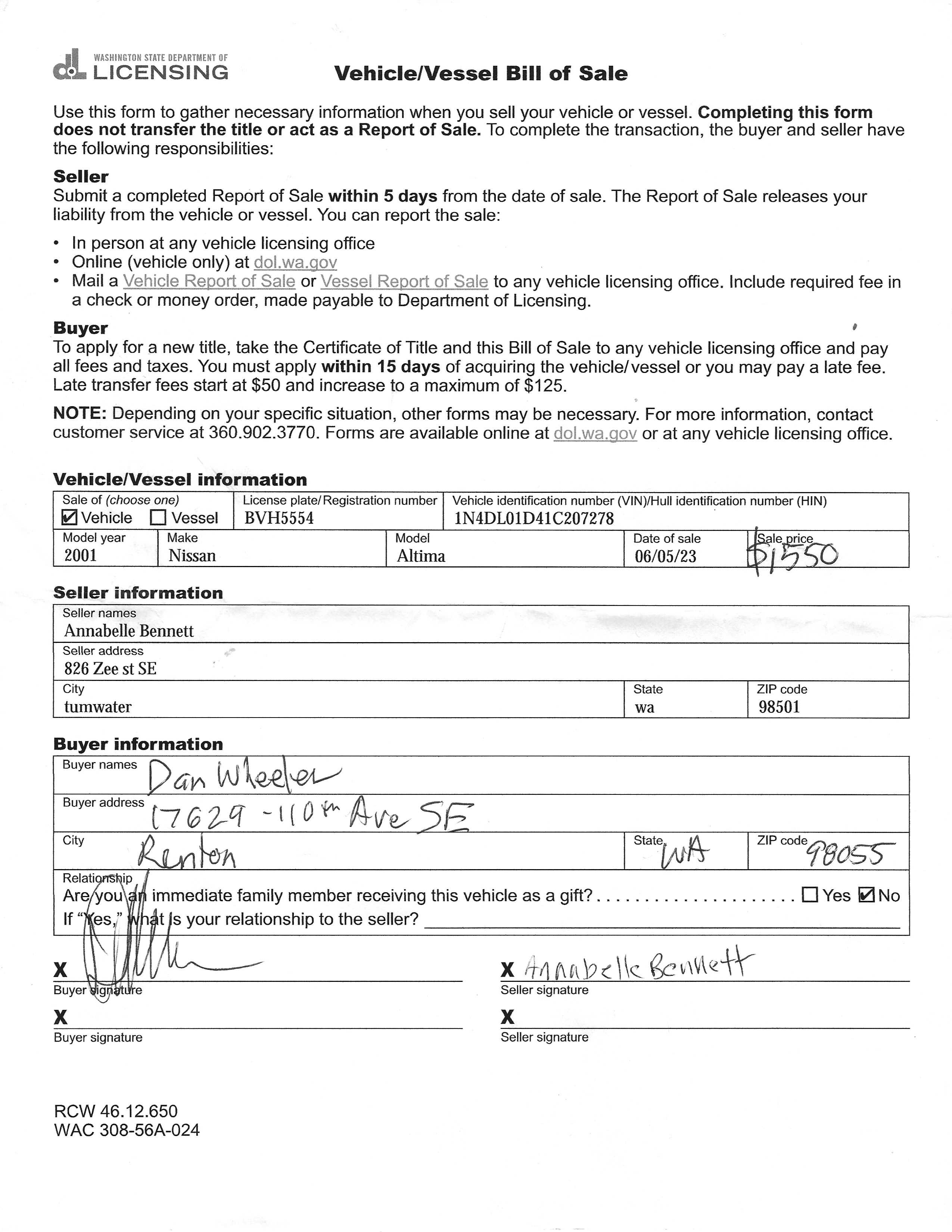 Nissan Altima Receipt